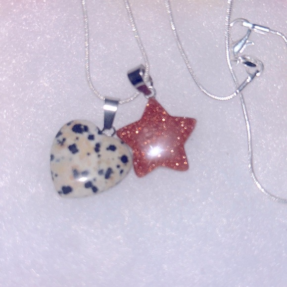 Dalmatian Jasper heart ❤️ and Goldstone Star sterling silver necklace - Picture 3 of 5